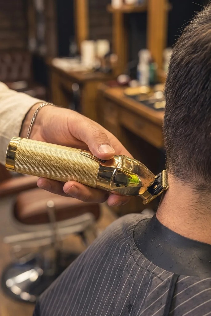 Máquina de corte dorada trabajando la nuca.